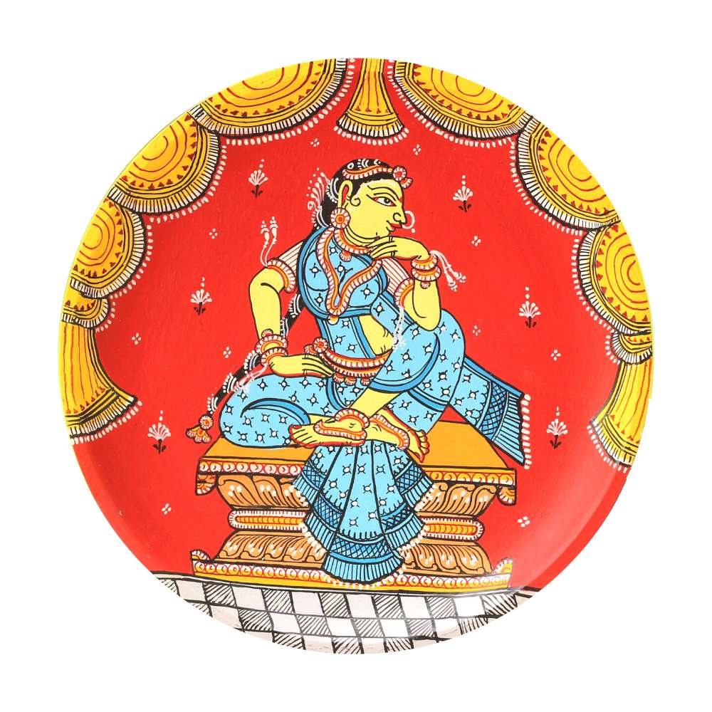Hand-painted Pattachitra Lady Sitting Hand On Chin Wall Plate gallery image by Maavni