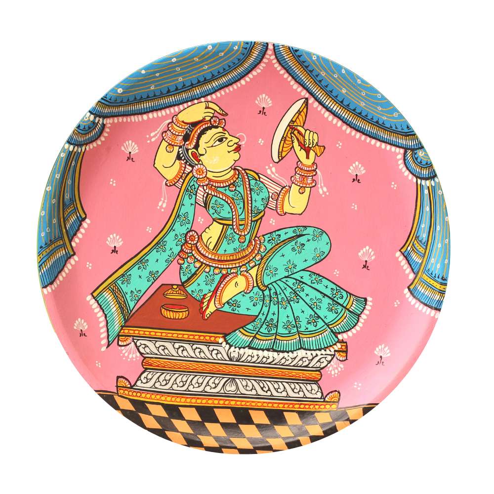 Hand-painted Pattachitra Lady Seeing Mirror Wall Plate by Maavni