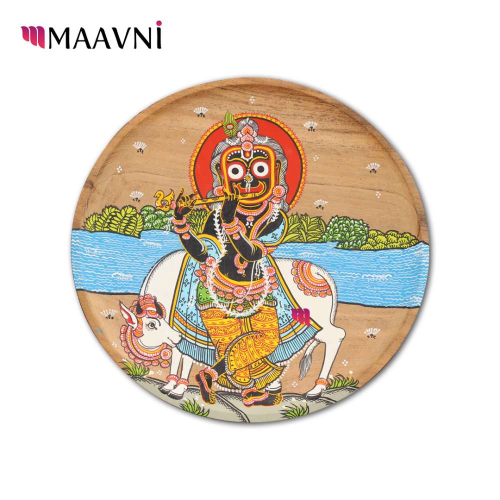 Hand-painted Pattachitra Jaganathji With Cow At River Bank Wall Plate by Maavni